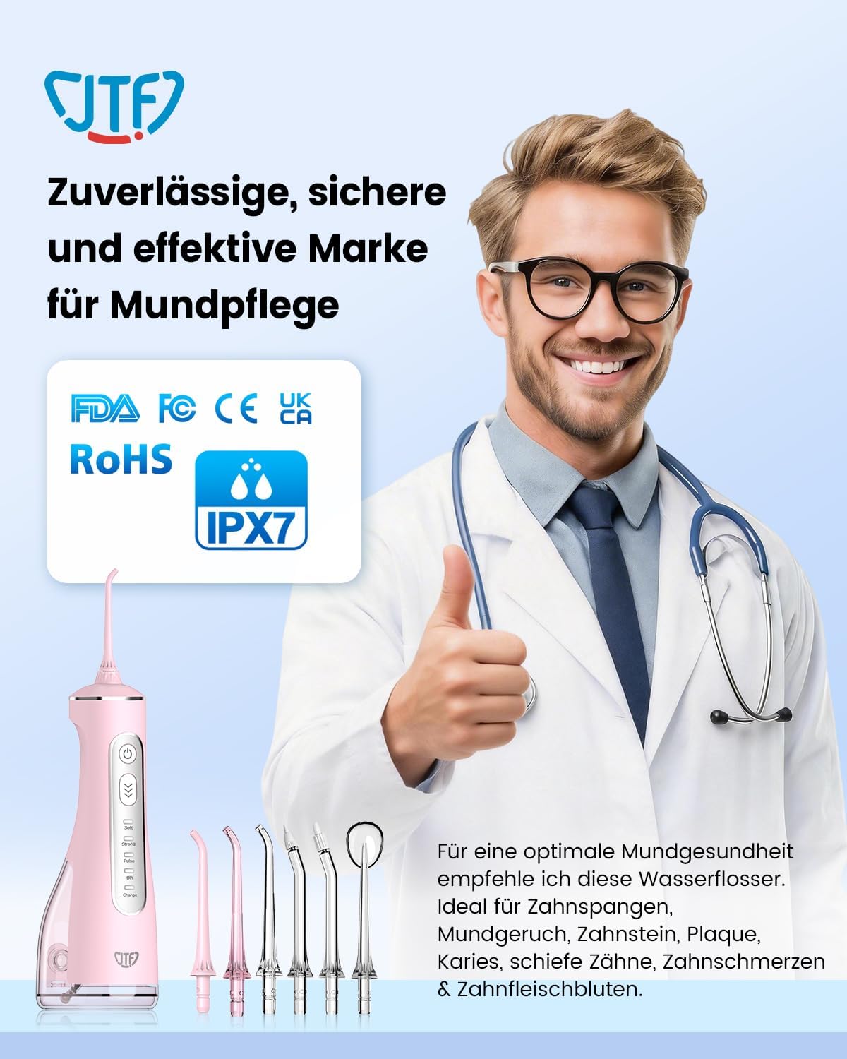 Thumbnail 6 de JTF Jet Dentaire Hydropulseur Oral — 300 ML Sans Fil, IPX7, 3+1 Modes, Orthodontie et Gencives Sensibles (Rose)