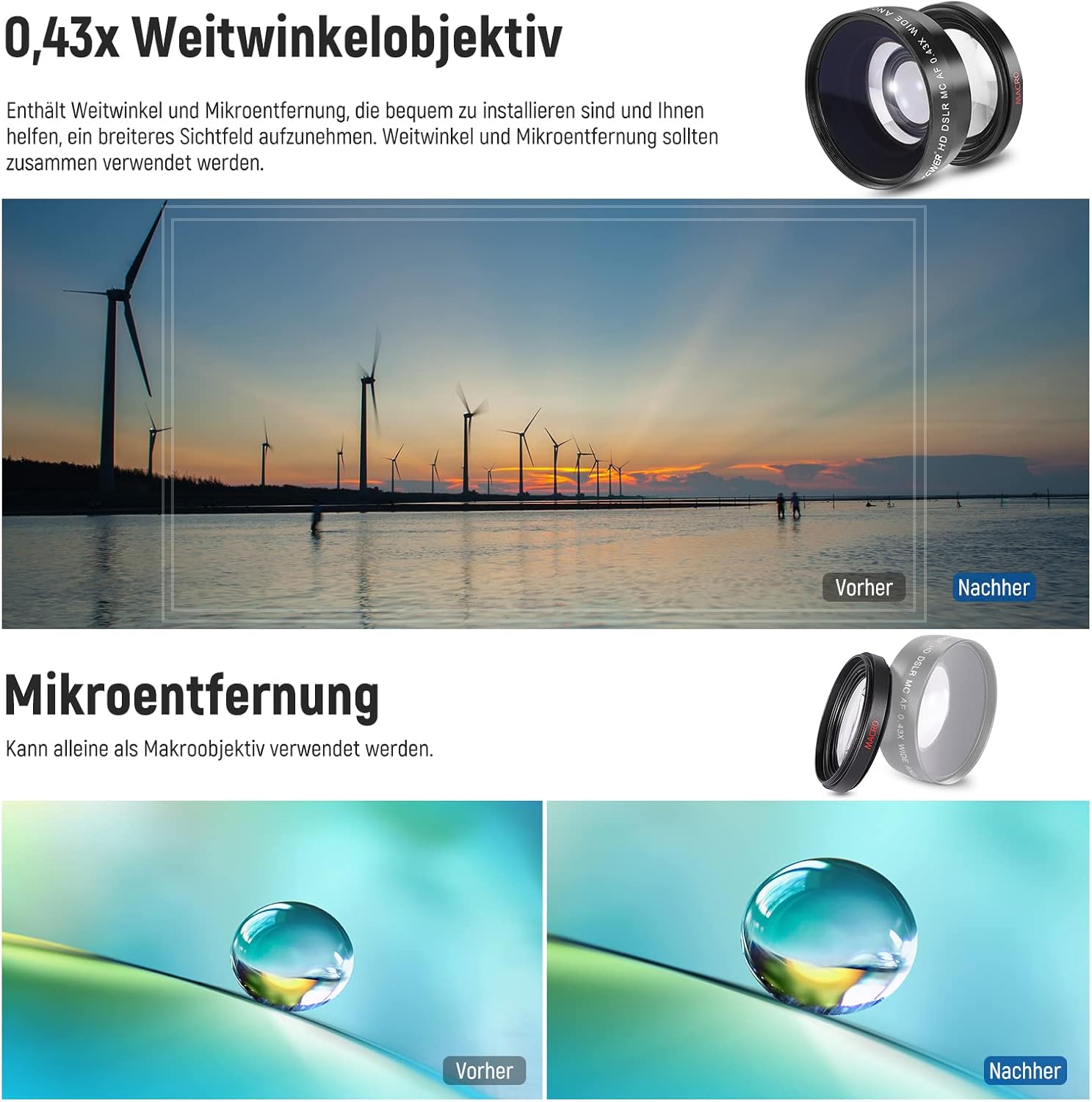 Thumbnail 1 de NEEWER 52-mm Objektiv- und ND-Filter-Set mit Weitwinkel-/2,2x Tele-Optik und ND2/ND4/ND8