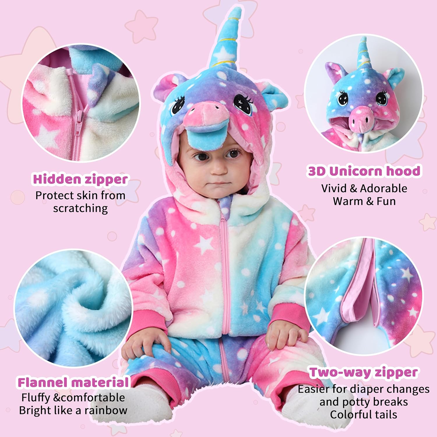 Detalle 2 de LOLANTA unisex toddler dinosaur unicorn rainbow plush hooded romper (1–5 years)