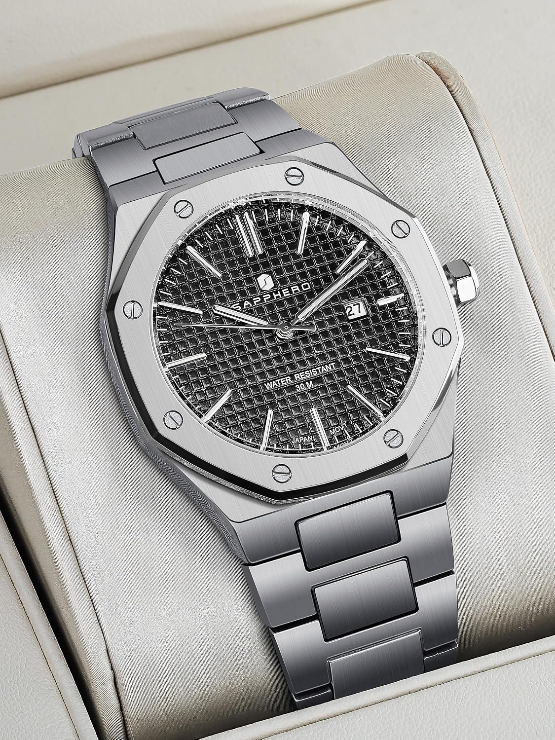 Thumbnail 6 de SAPPHERO Montre Homme octogonale 10ATM en acier inoxydable à mouvement quartz japonais