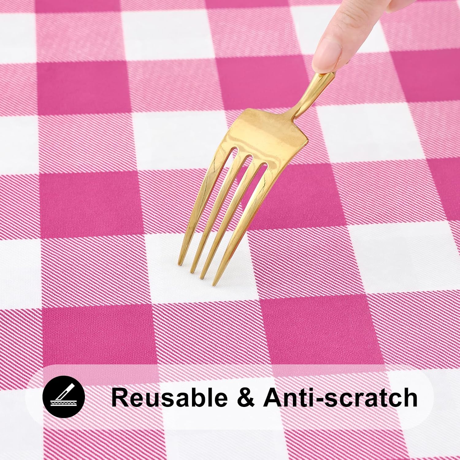 Thumbnail 5 de Smiry Round Picnic Tablecloth — Elastic Waterproof Fitted Vinyl with Flannel Back, Buffalo Plaid (White & Hot Pink), 45-56 inch Tables