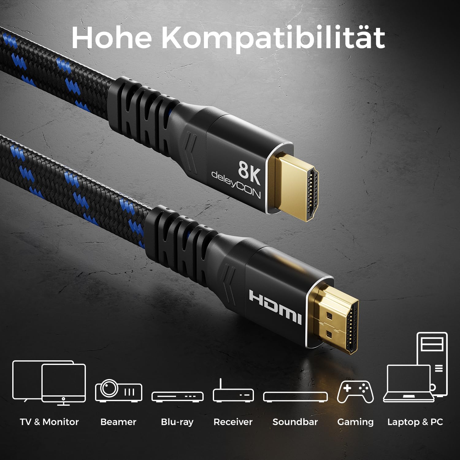Detalle de deleyCON 3,0 m Flaches HDMI 2.1 Kabel – 8K/4K Gaming-Kabel für TV, Monitor, PS4/PS5, Xbox, Dolby Atmos & ARC/eARC