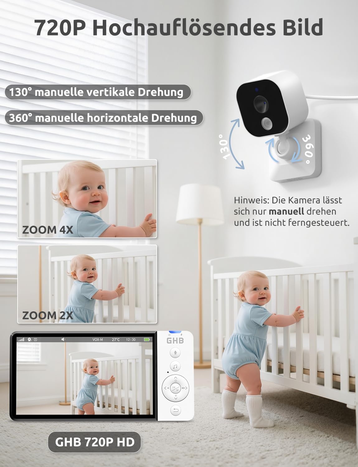 Detalle de GHB Babyphone mit Kamera 5 Zoll HD – VOX-Modus, Nachtsicht, 5000 mAh, 2-Kamera-Erweiterung