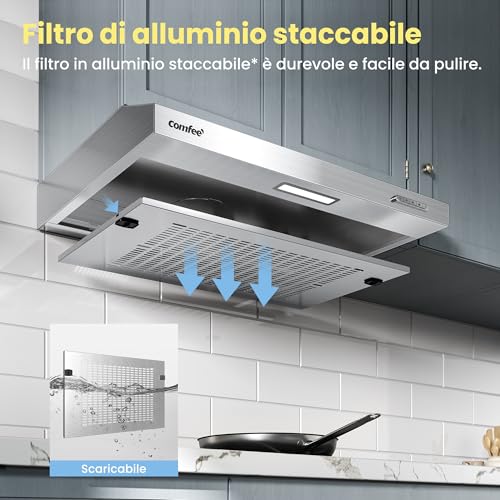Detalle de COMFEE Cappa Aspirante 60 cm Sottopensile 200 m³/h, 3 Velocità, Argento