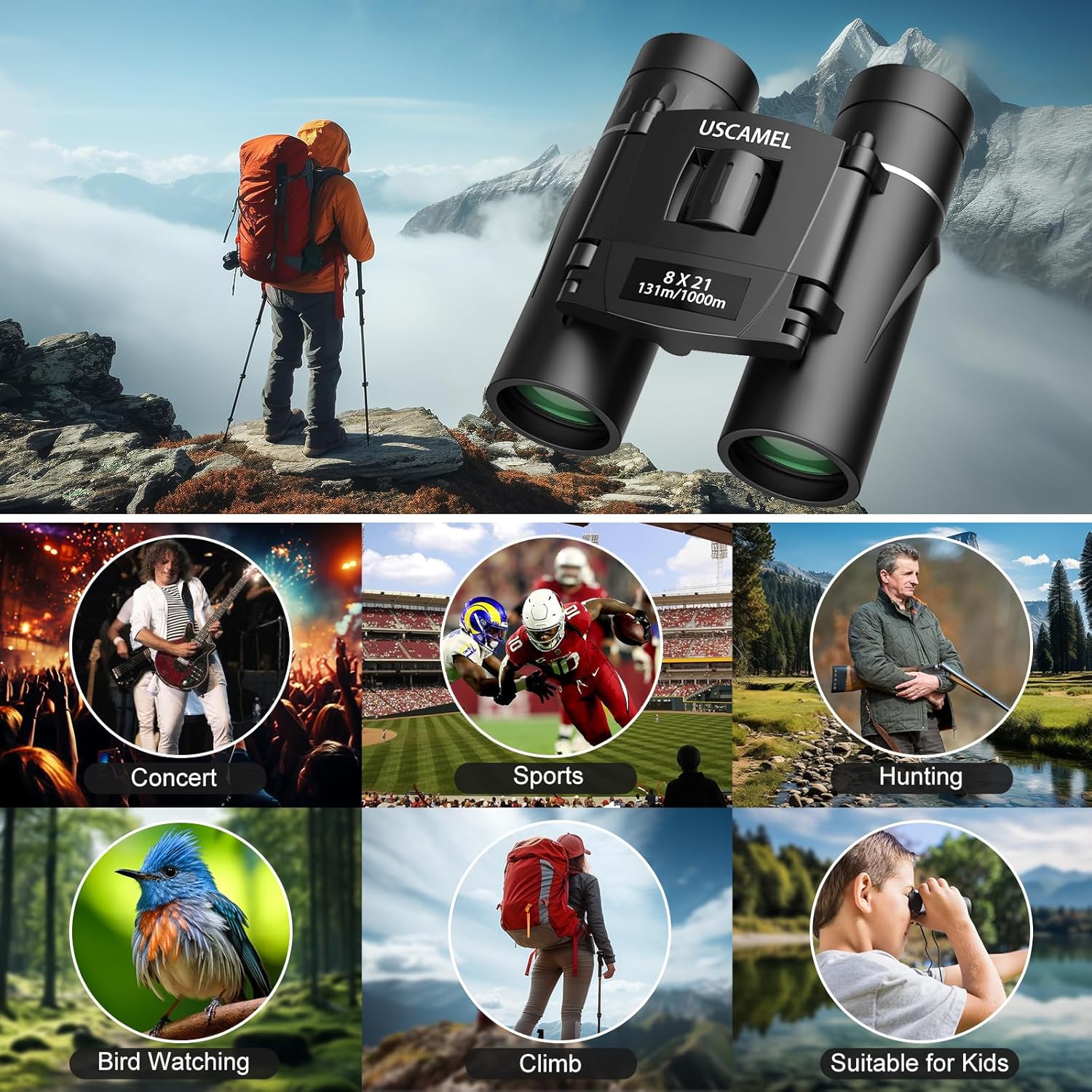 Thumbnail 5 de USCAMEL 8×21 compact binoculars (BAK4 prisms) for adults and kids