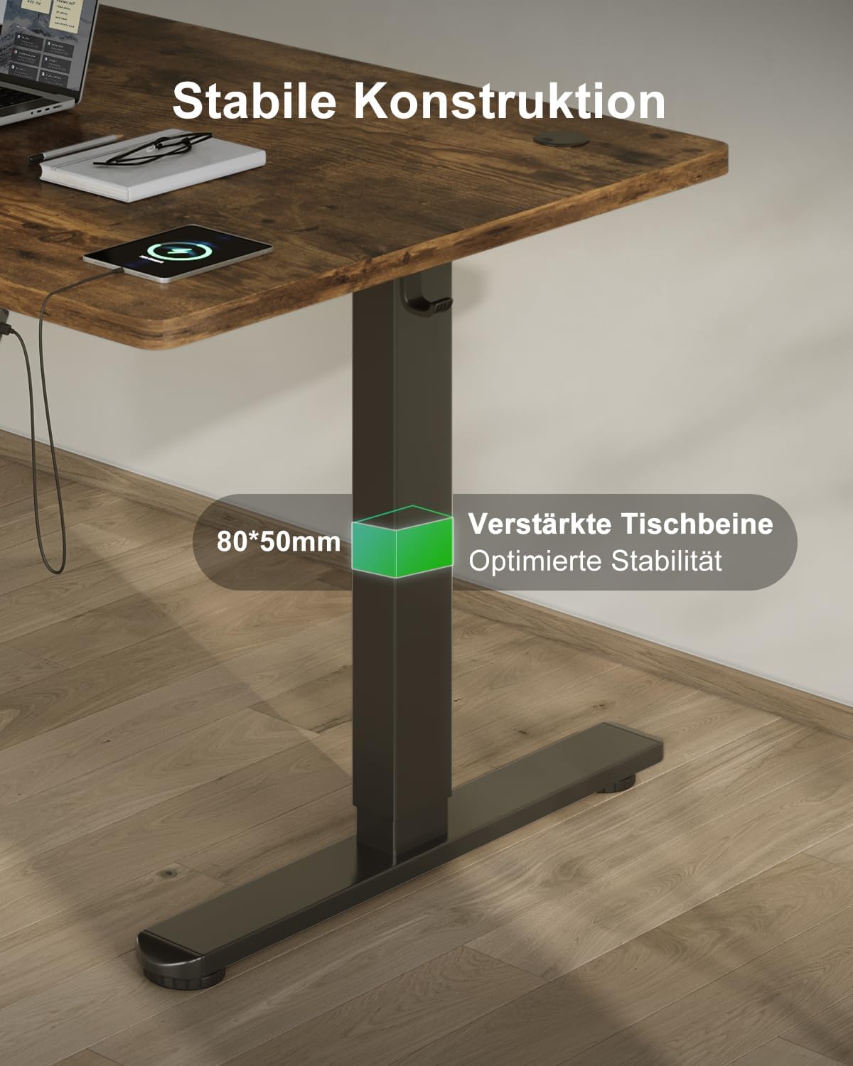 Thumbnail 6 de Devoko Höhenverstellbarer Schreibtisch 180×80 cm mit Typ-C Ladeanschluss – elektrisch höhenverstellbar, Vintage-Braun