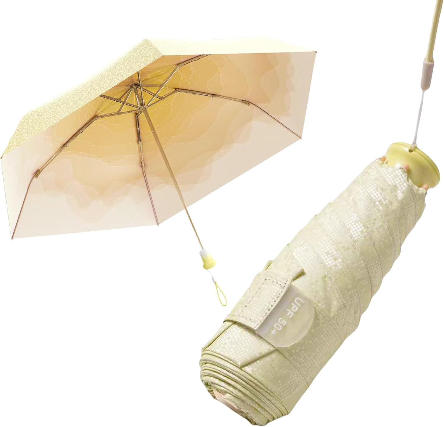 Detalle de Mini Kompakt Reise Regenschirm mit integriertem Teleskopgriff – ultratragbar, 6 Rippen, UV-Schutz & Glitzer-Optik