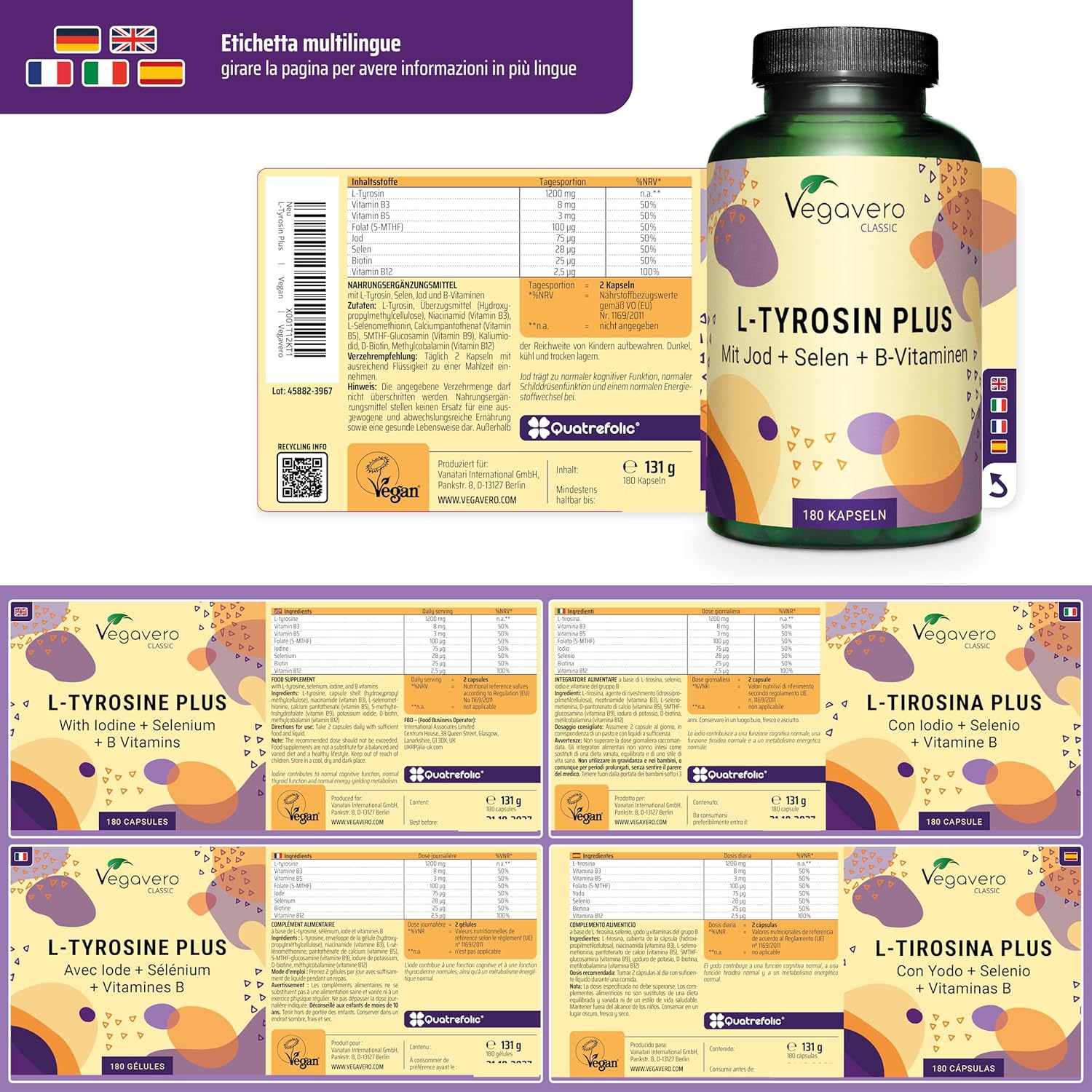 Thumbnail 5 de L-Tirosina Vegavero® 1200 mg con iodio, selenio e vitamine del gruppo B | 180 capsule vegane