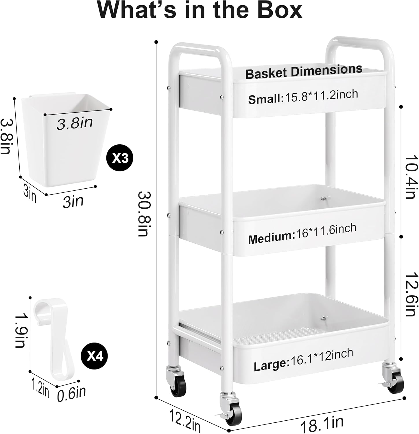 Detalle 2 de Aofure 3-Tier Rolling Cart, White Metal Organizer with Locking Wheels