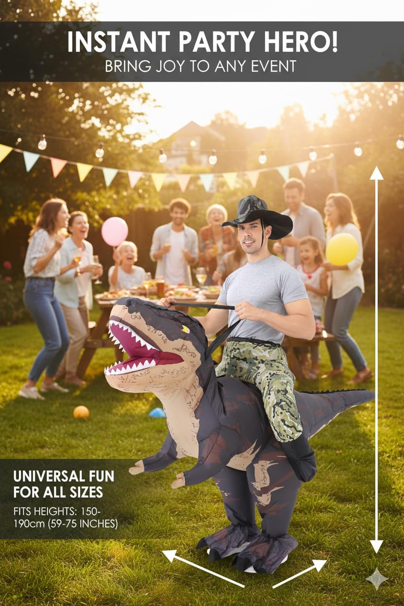 Thumbnail 2 de FUNFOCUS aufblasbares Dino-Kostüm für Erwachsene (Ganzkörper) – Luft-Dinosaurier für Fasching, Halloween & Party