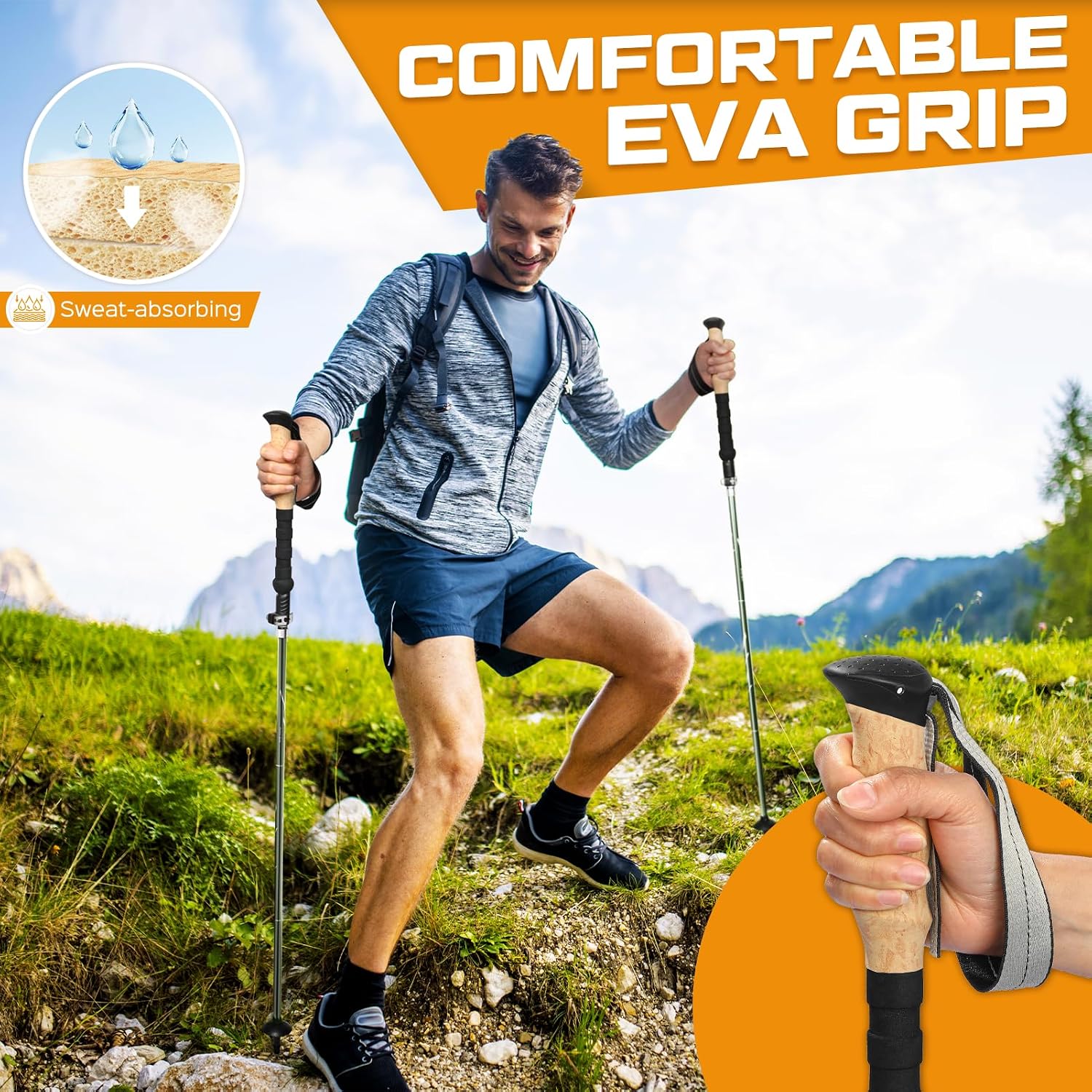 Detalle 2 de COVACURE Hiking Poles (2-pack) collapsible 7075 aluminium with EVA cork handle, 110–130cm