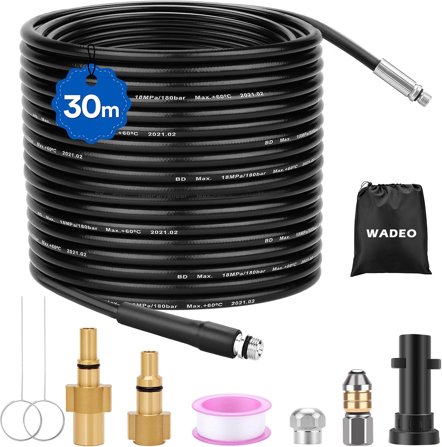 Detalle de WADEO HG0119-MD ontstoppingsset met slang van 30 m, tot 180 bar