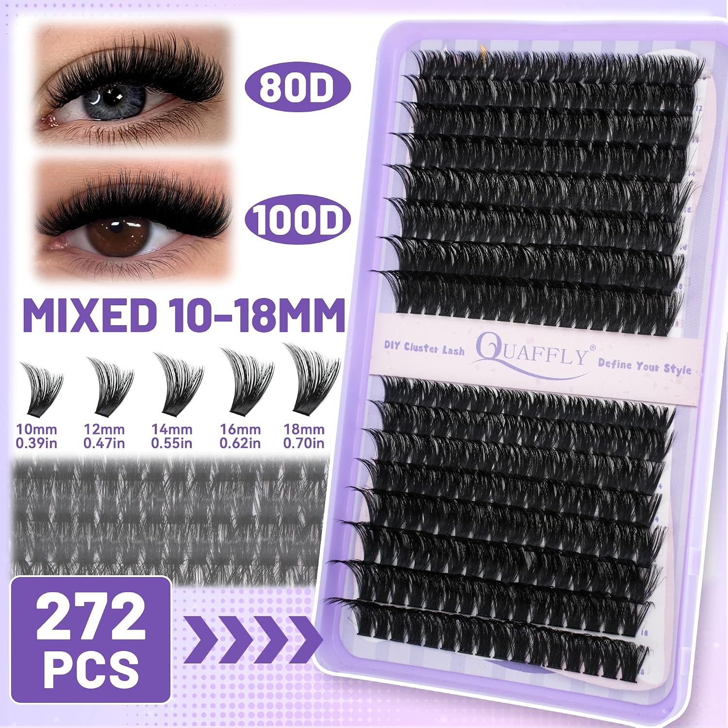 Detalle de QUAFFLY DIY Lash Cluster Kit, 1,184 Clusters, 40D–100D, 8–18 mm