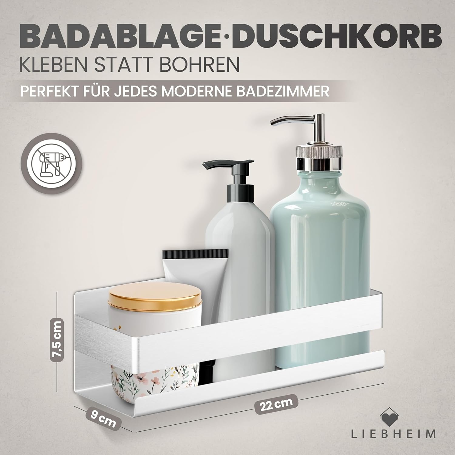Thumbnail 1 de LIEBHEIM Duschablage ohne Bohren (Badregal/Duschregal) silber gebürstet – Organizer für Dusche