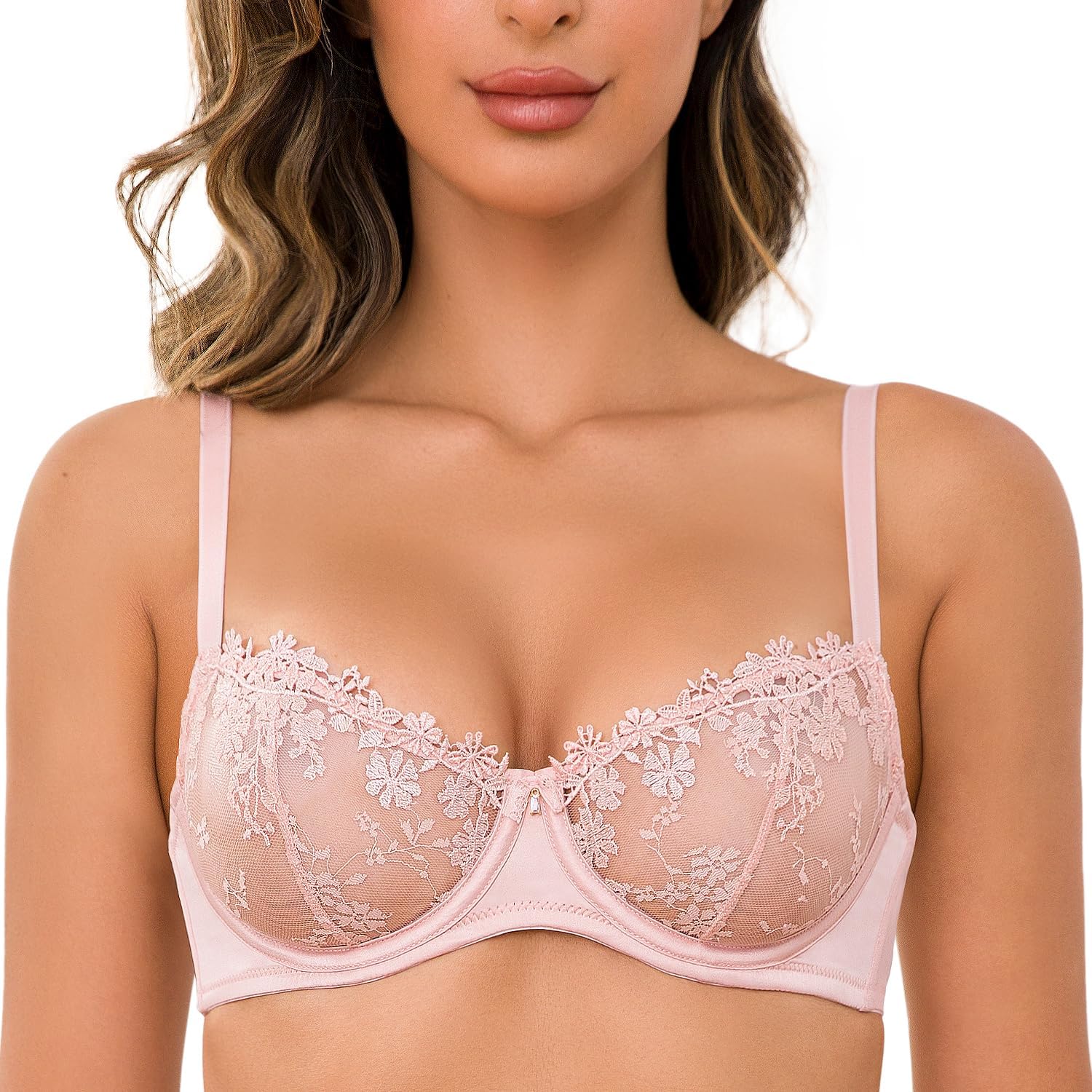 Detalle de Wingslove Women's Lace Demi See-Through Balconette Bra with Convertible Straps