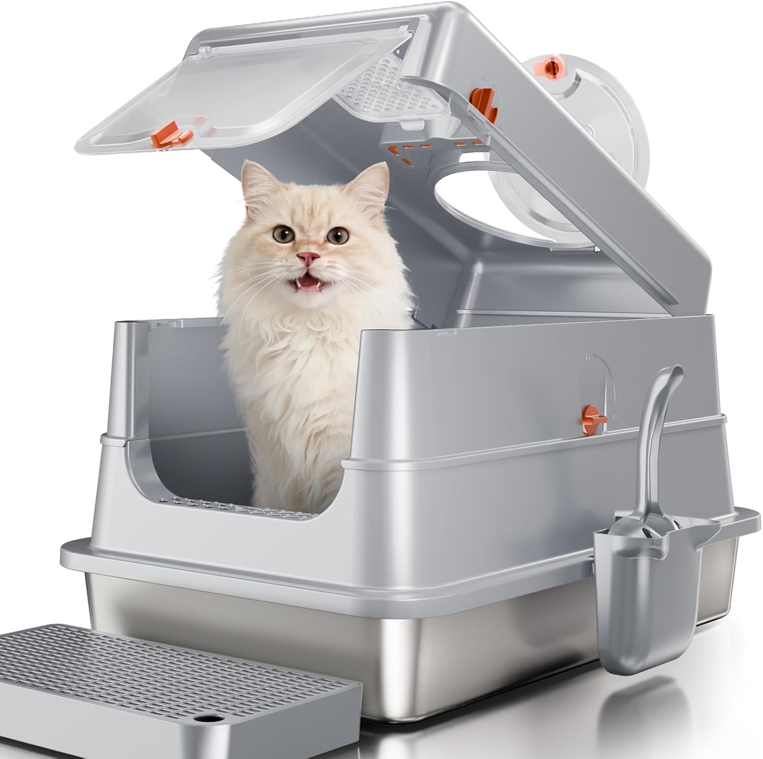 Detalle de Fusblom XL Stainless Steel Enclosed Cat Litter Tray with Lid and Step Mat