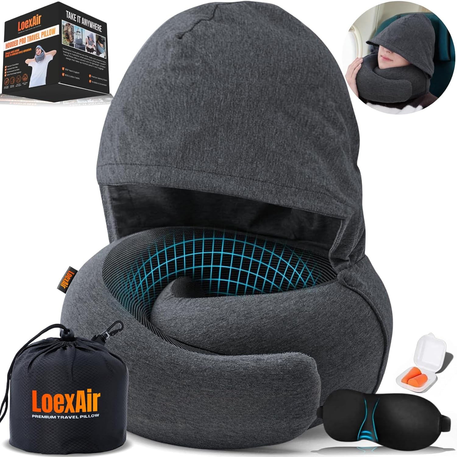 Detalle de LOEXAIR Hooded Pro Nackenkissen – Memory-Schaum mit Kapuze, 100% Baumwolle, Privatsphäre und Lichtschutz für Flugzeug, Reise & Auto