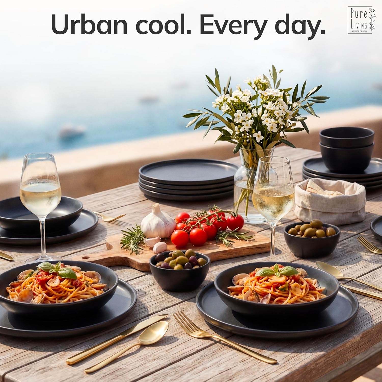 Detalle 2 de Pure Living Stoneware 16‑Piece Dinnerware Set for 4 🍽