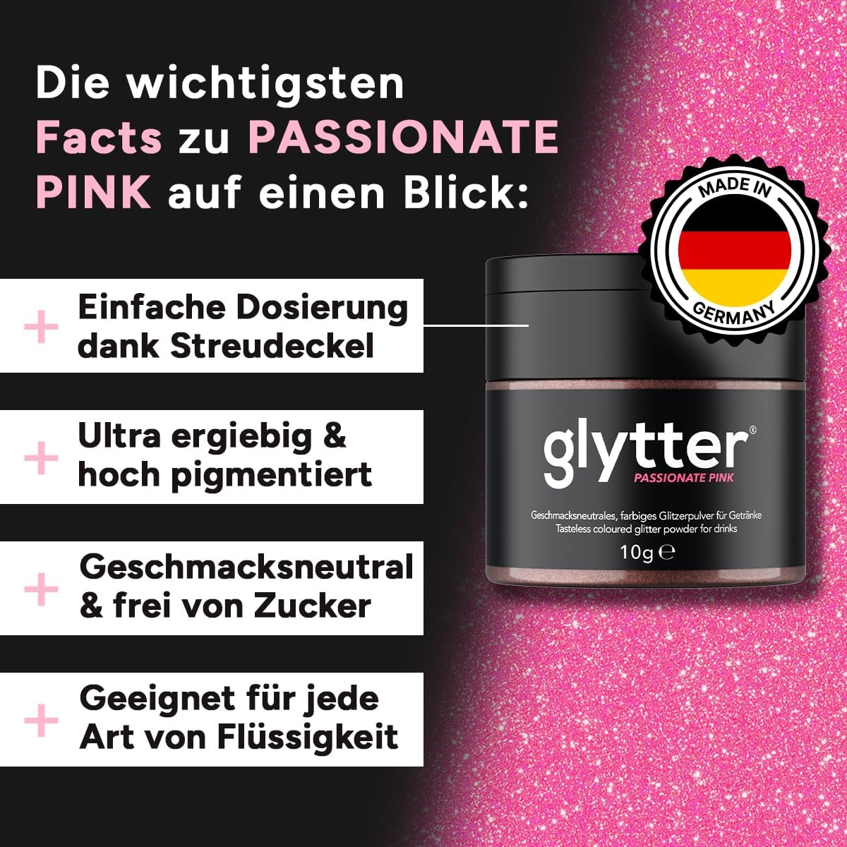 Detalle de Glytter Glitzerpulver für Getränke in Pink – essbares Glitzerpuder für Drinks & Flüssigkeiten