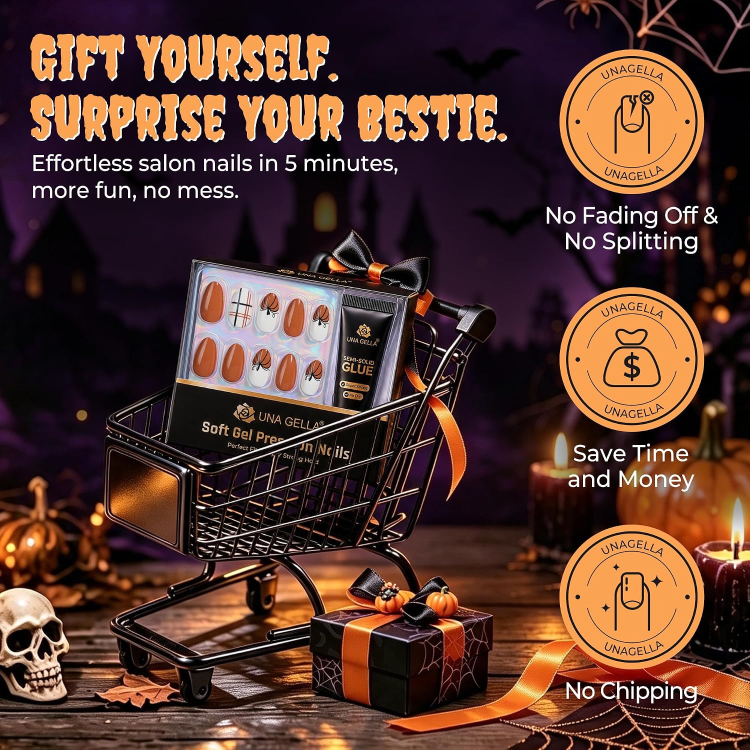 Thumbnail 6 de UNA GELLA UG-BX013 Halloween Press-On Nails, Short Almond, 32-Piece Pumpkin Plaid Set