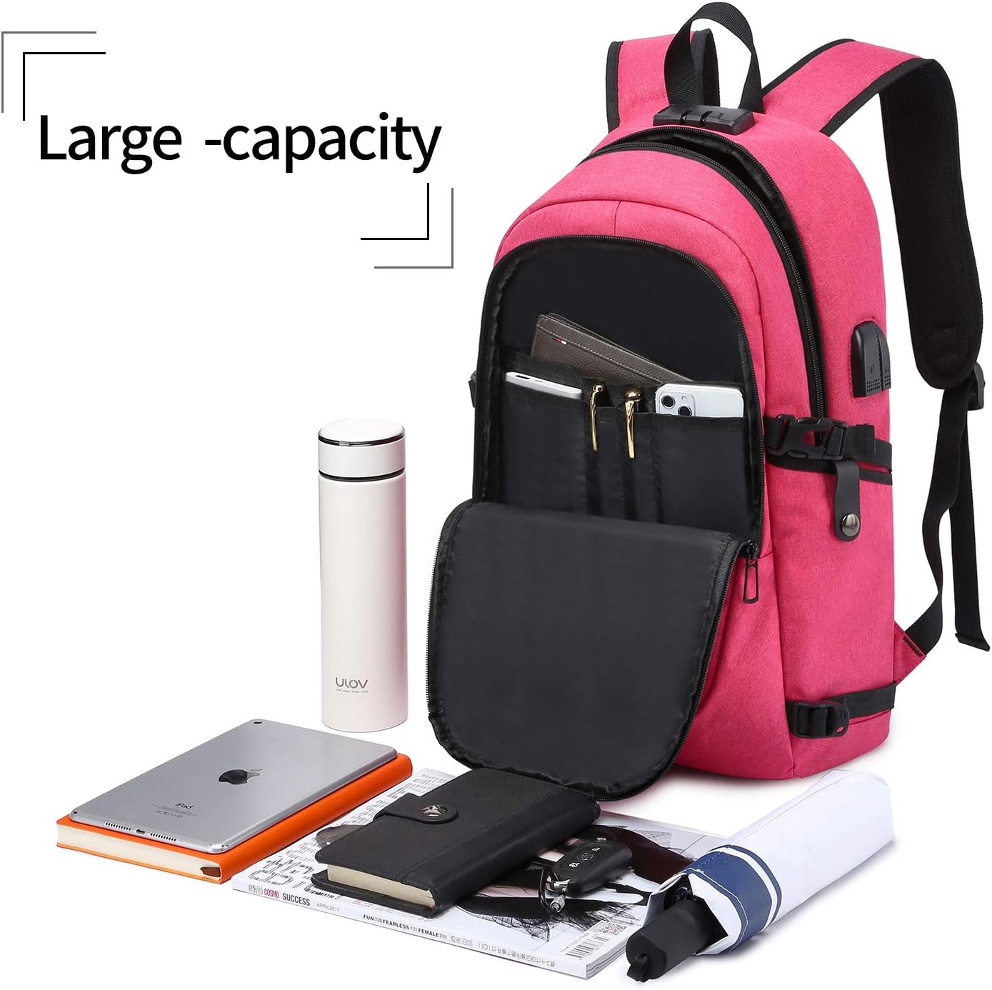 Detalle 2 de WENIG Rucksack Laptop – Anti-Diebstahl-Rucksack mit USB-Ladeanschluss für Damen, 45 × 30 × 18 cm