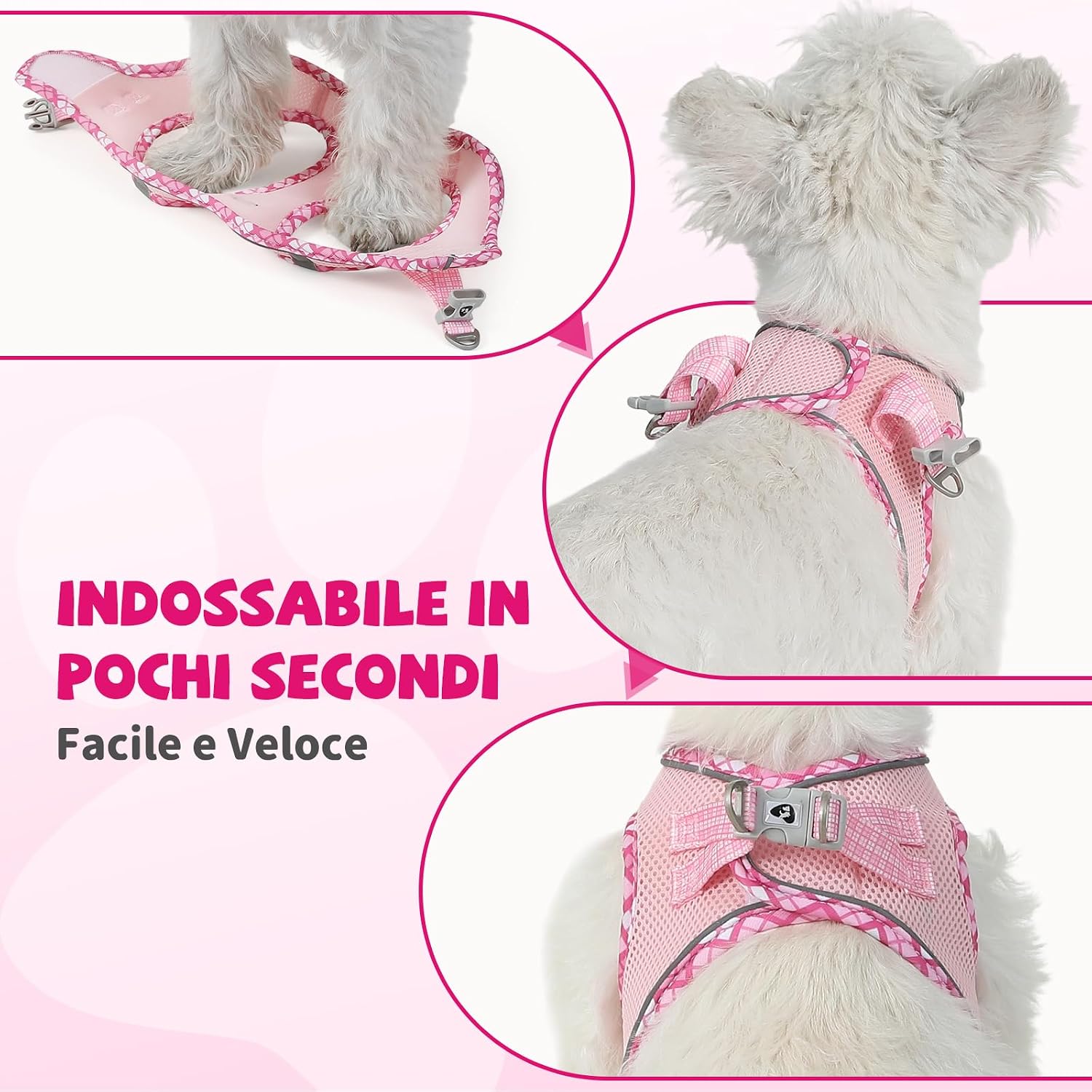 Detalle 2 de COMSLE Pettorina per cani taglia piccola con guinzaglio e inserti riflettenti, morbida imbottitura, rosa, XS