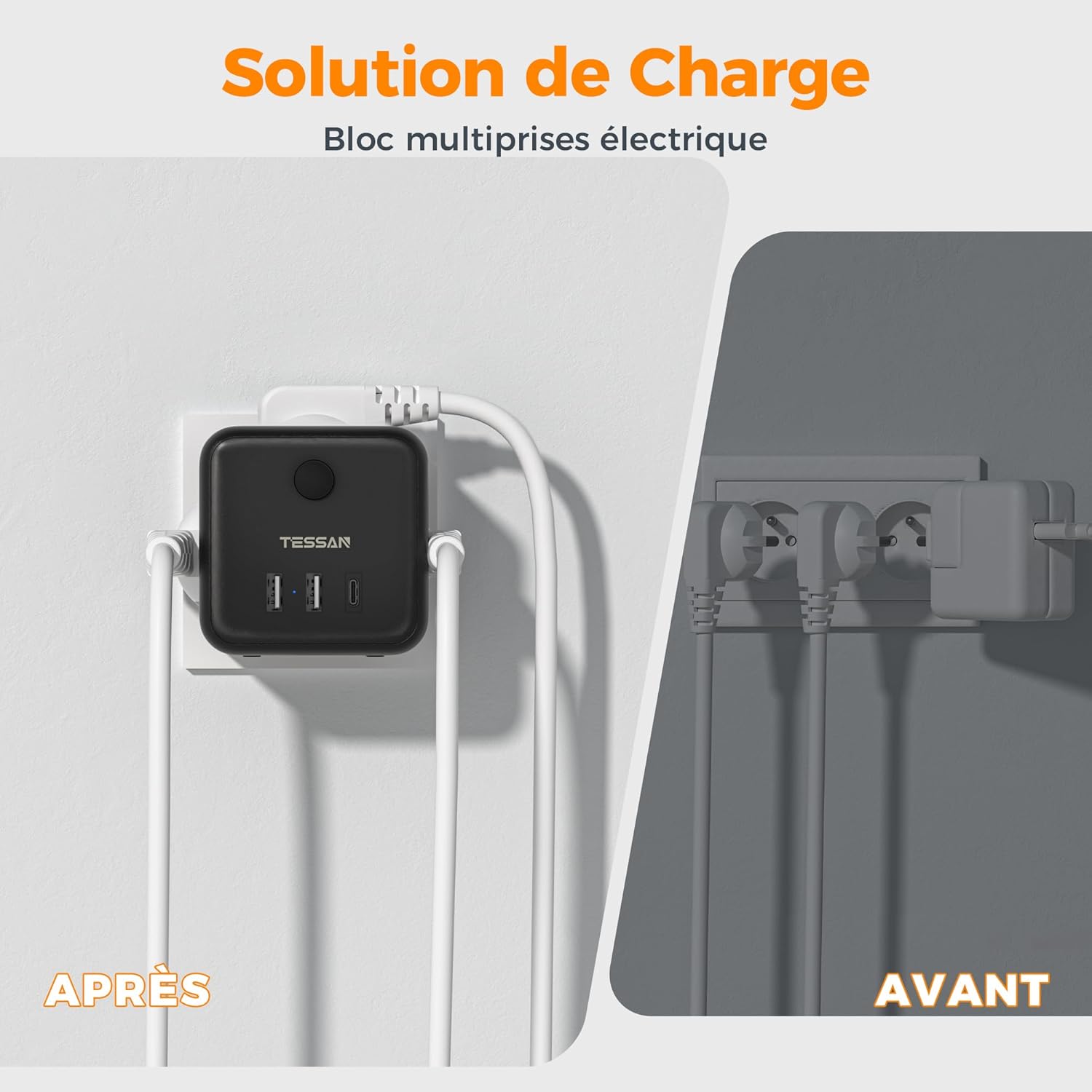 Thumbnail 6 de TESSAN 6 en 1 Chargeur USB C 15W et Multiprise Murale 3 Sorties AC – Cube Noir