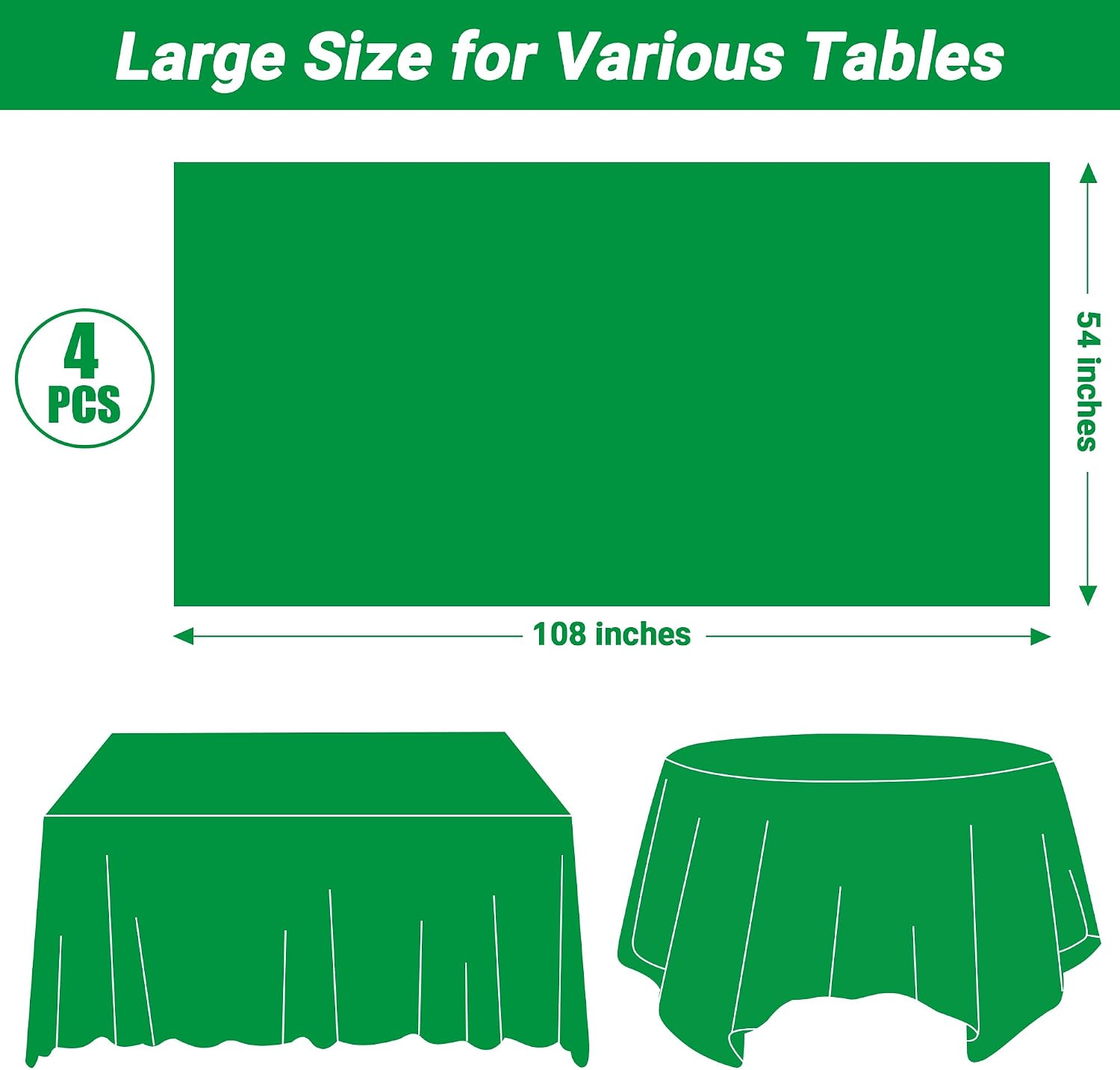 Detalle de 4 Pack 54 x 108 Inches Plastic Tablecloths for Rectangle Tables — Green, Waterproof & Mess-Ready