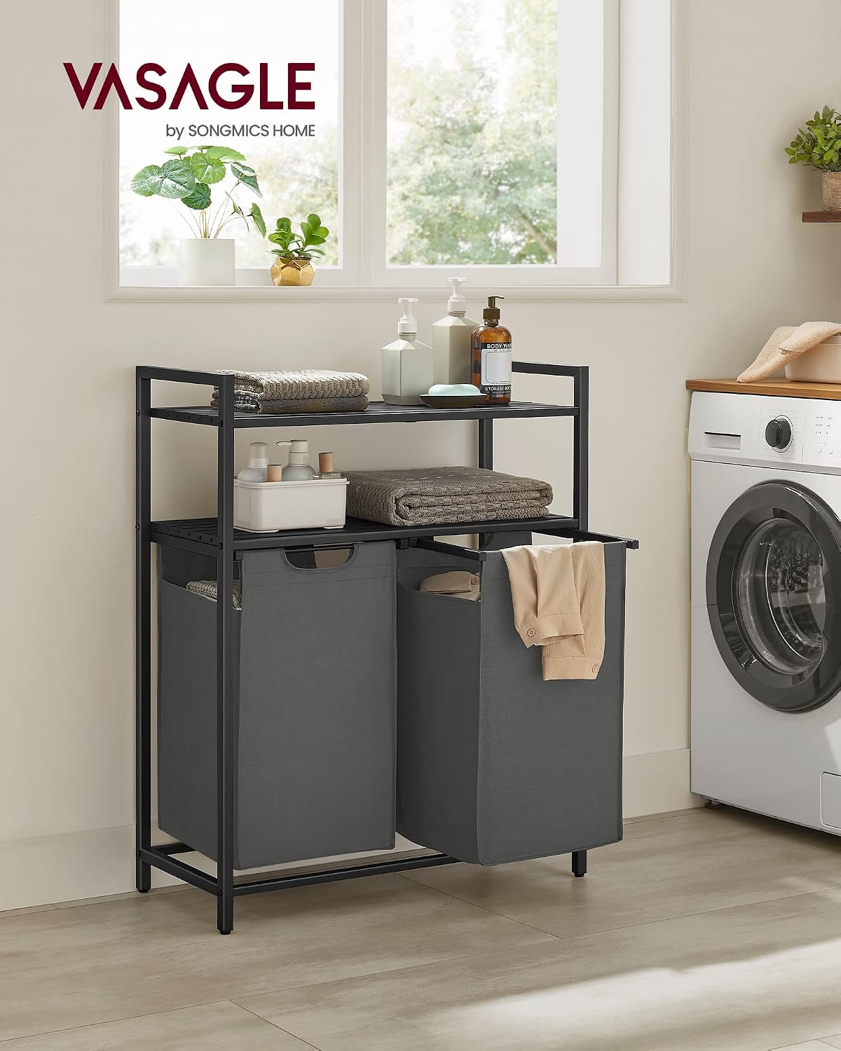 Detalle de VASAGLE BLH211G01 Laundry Basket, 92L with Two Compartments and Shelves