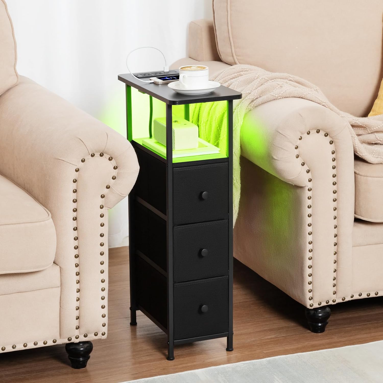 Detalle 2 de LOAKEKEL Narrow End Table with 3 Fabric Drawers