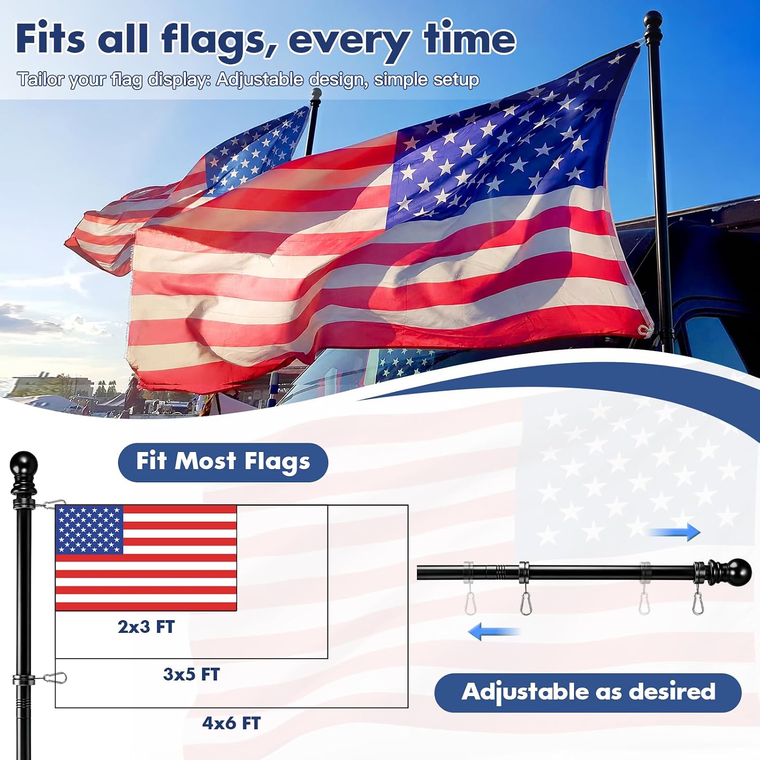 Detalle 2 de Anovo FC001 7 ft Flagpole Kit, Black Stainless Steel with Rotating Rings