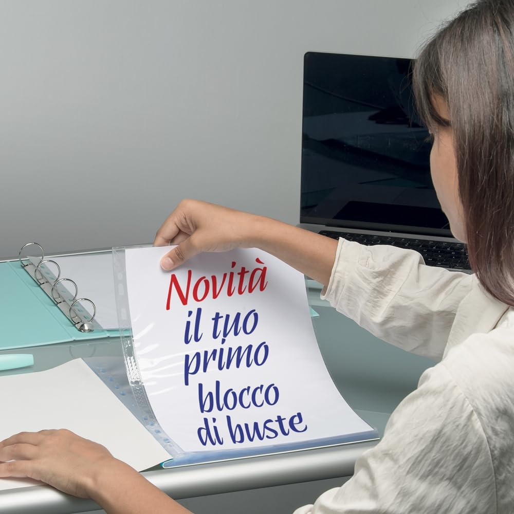 Detalle de Favorit Quick'in: confezione da 2 blocchi di buste perforate universali in polipropilene trasparente per A4