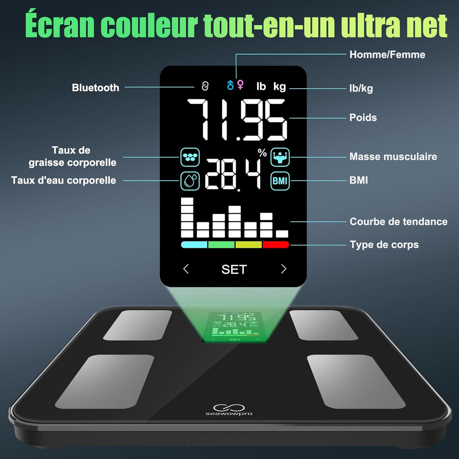 Detalle 2 de SEAWOWpro Pèse Personne Connecté : Balance Impédancemètre VA et 20 Indicateurs Santé