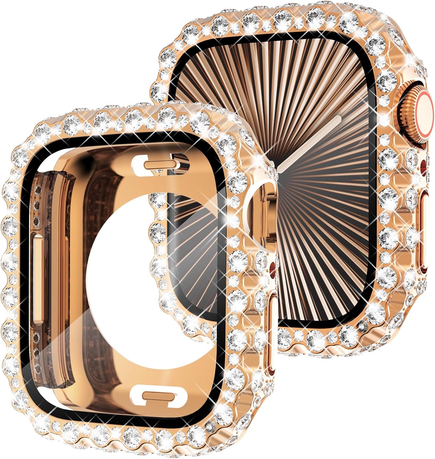 Detalle de Fullife 2 in 1 Waterproof Bling Case & 9H Tempered Glass Screen Protector for Apple Watch 45mm (Series 9/8/7) – Rosegold