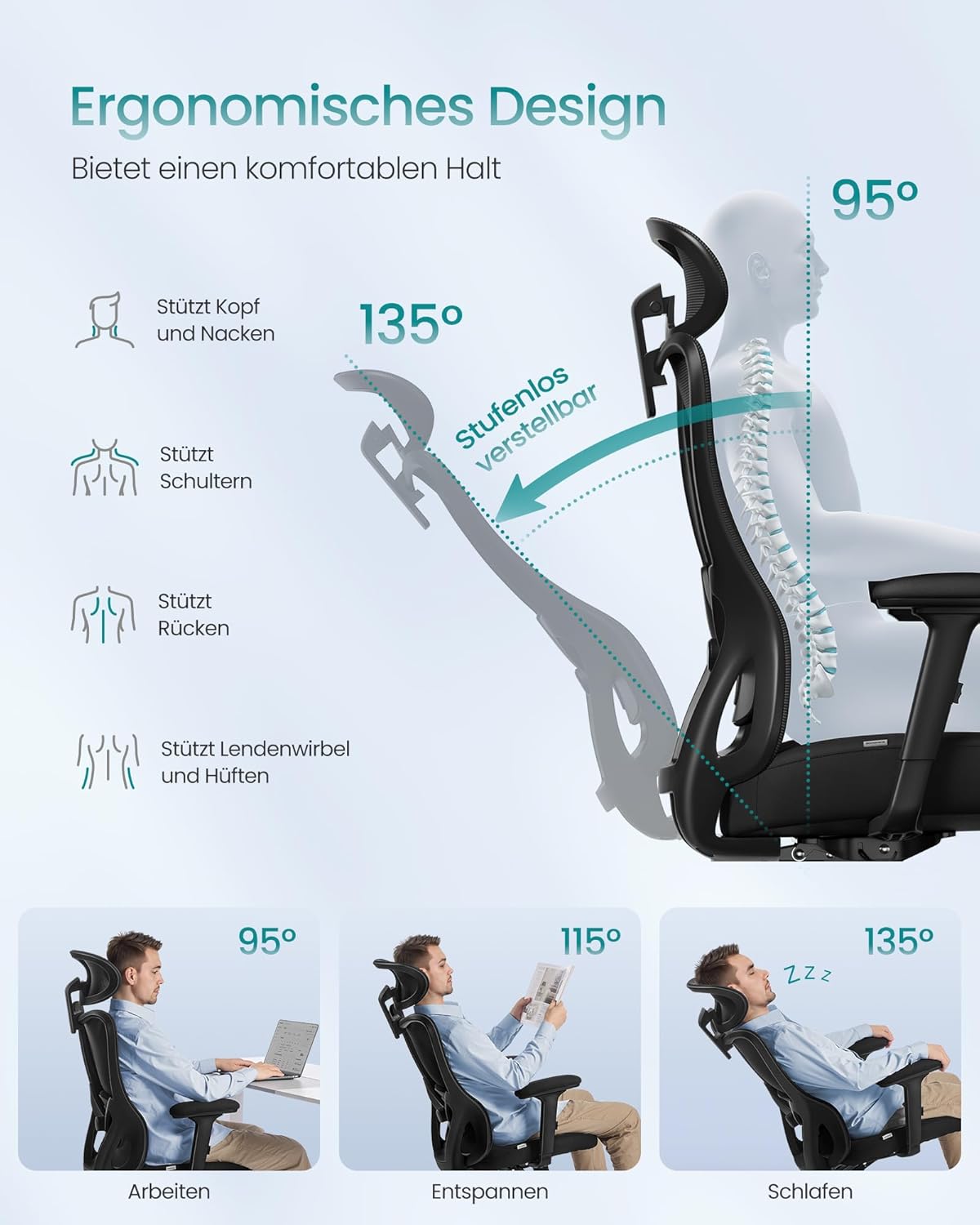 Detalle 2 de SONGMICS OBN066BH01 ergonomischer Bürostuhl mit Rücken- und Kopfstütze