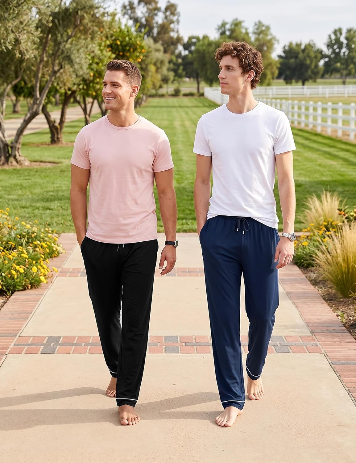 Detalle de Crewhpo Pantalon de pyjama homme en coton (mélange 65% coton/35% polyester) avec taille élastique et cordon, poches