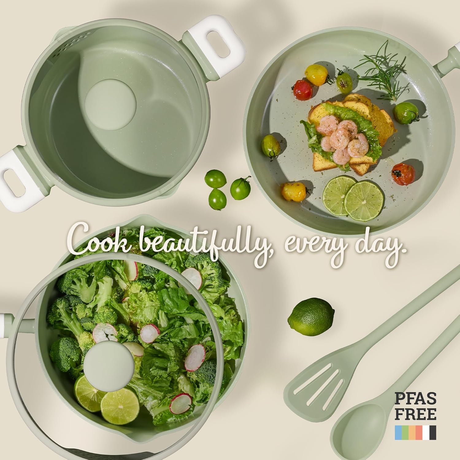 Thumbnail 6 de CAROTE Pots and Pans Set Nonstick Ceramic Cookware — 9 Piece Green Induction Set with Steamer