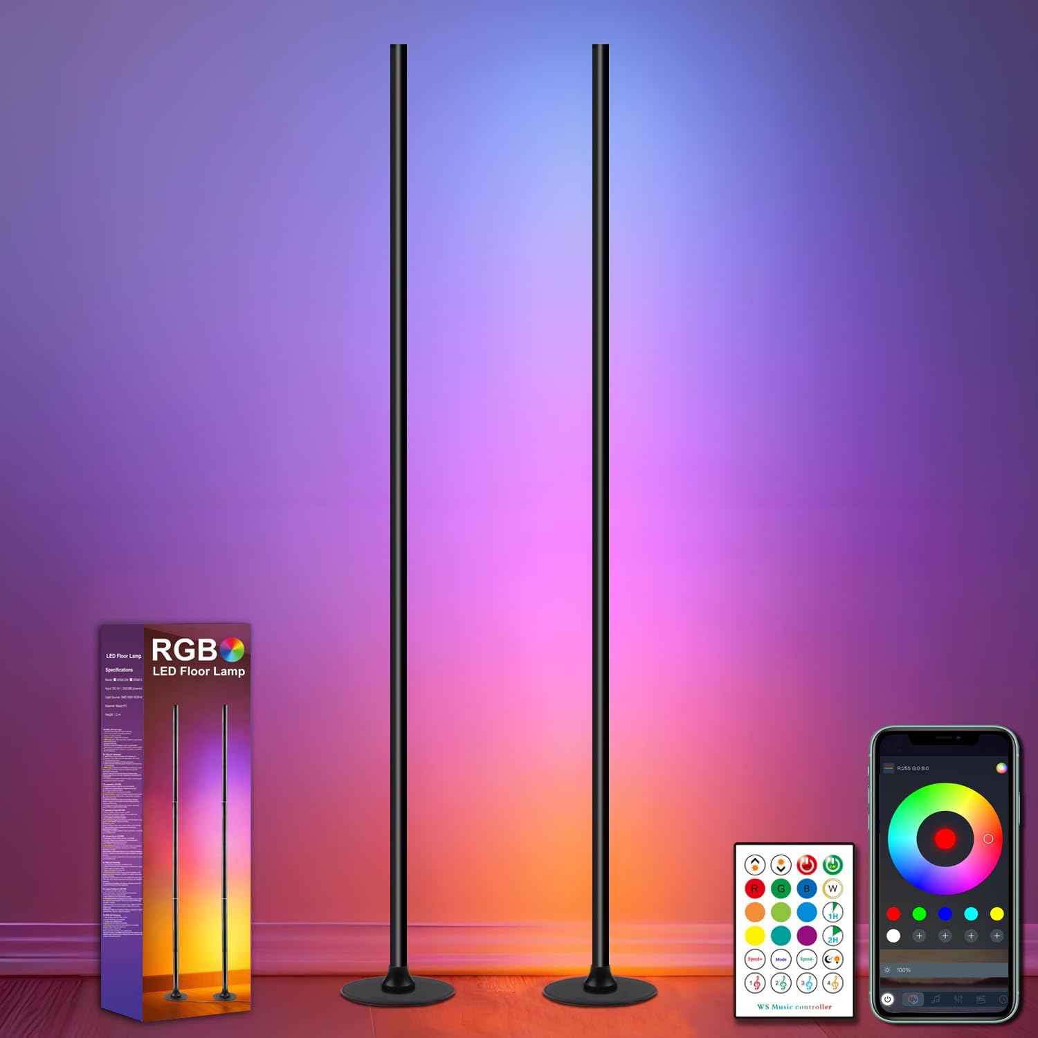 Detalle 2 de ONSTUY WS8812B led-vloerlamp, set van 2, 1,2 m, dimbaar RGBW met app