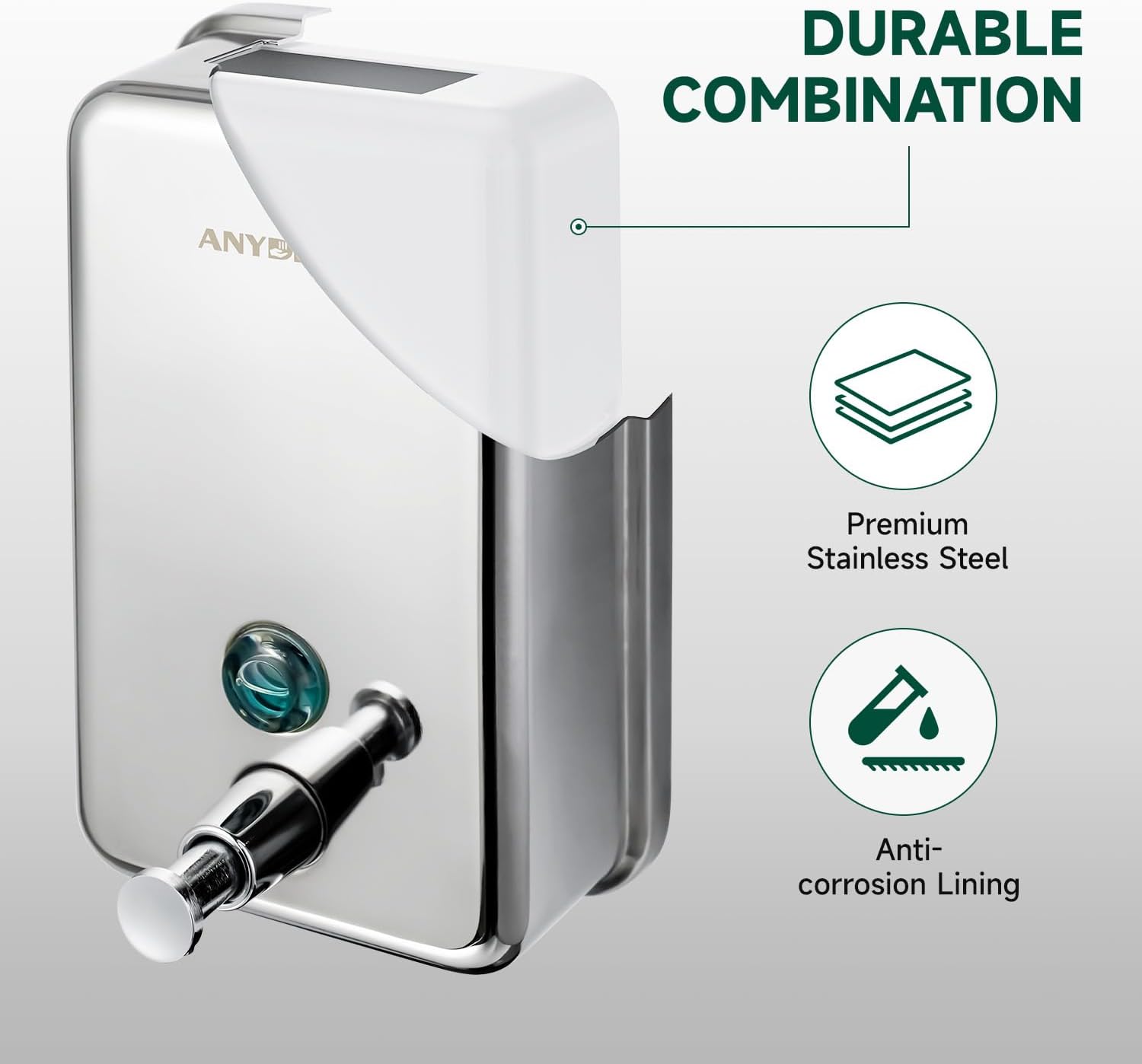 Detalle 2 de anydry 1100ml Commercial-Grade Manual Soap Dispenser (Stainless Steel, Wall-Mounted)
