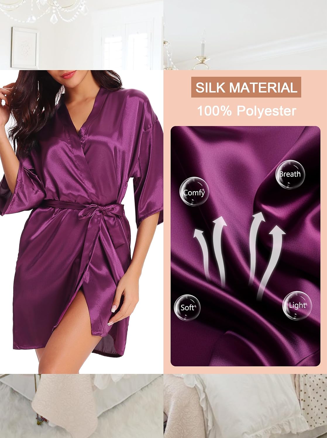 Detalle de Wikoan Peignoir satin femme à manches 3/4 et col V (robe de chambre kimono)