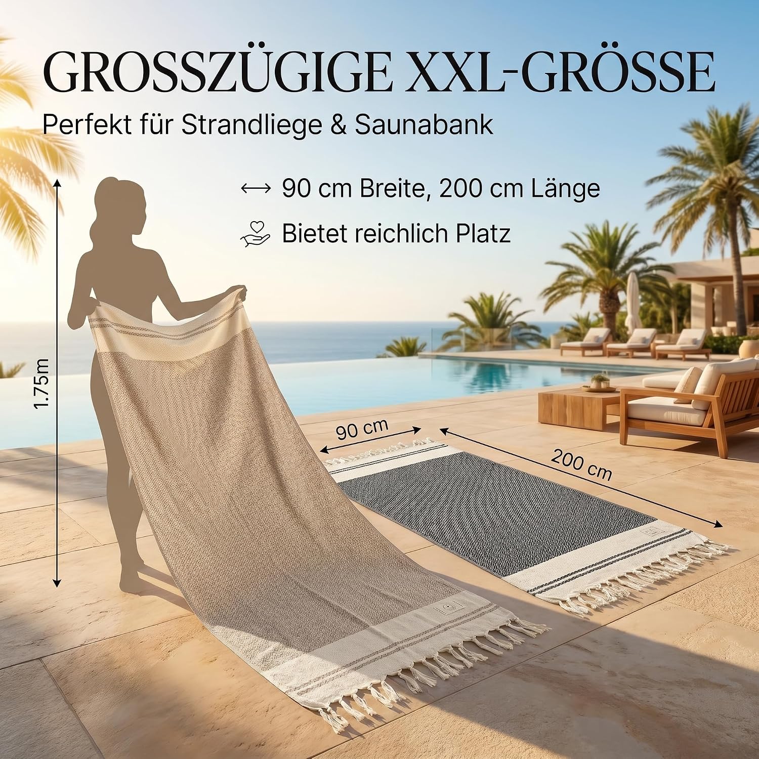 Thumbnail 6 de SIEGENTHAL Hamamtuch – Leichtes Strandtuch & Saunatuch aus recycelter Baumwolle, 90 × 200 cm, Schwarz