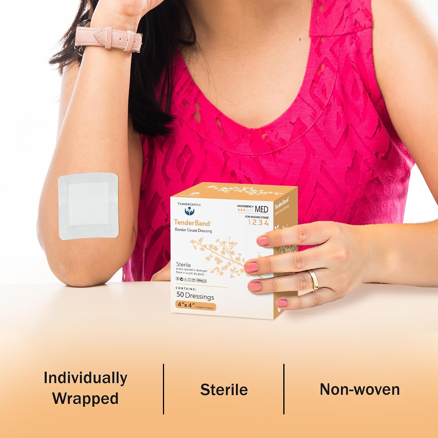 Detalle de TenderGentle 4x4 Bordered Gauze Island Dressings, Sterile Adhesive Pads, 25 Count