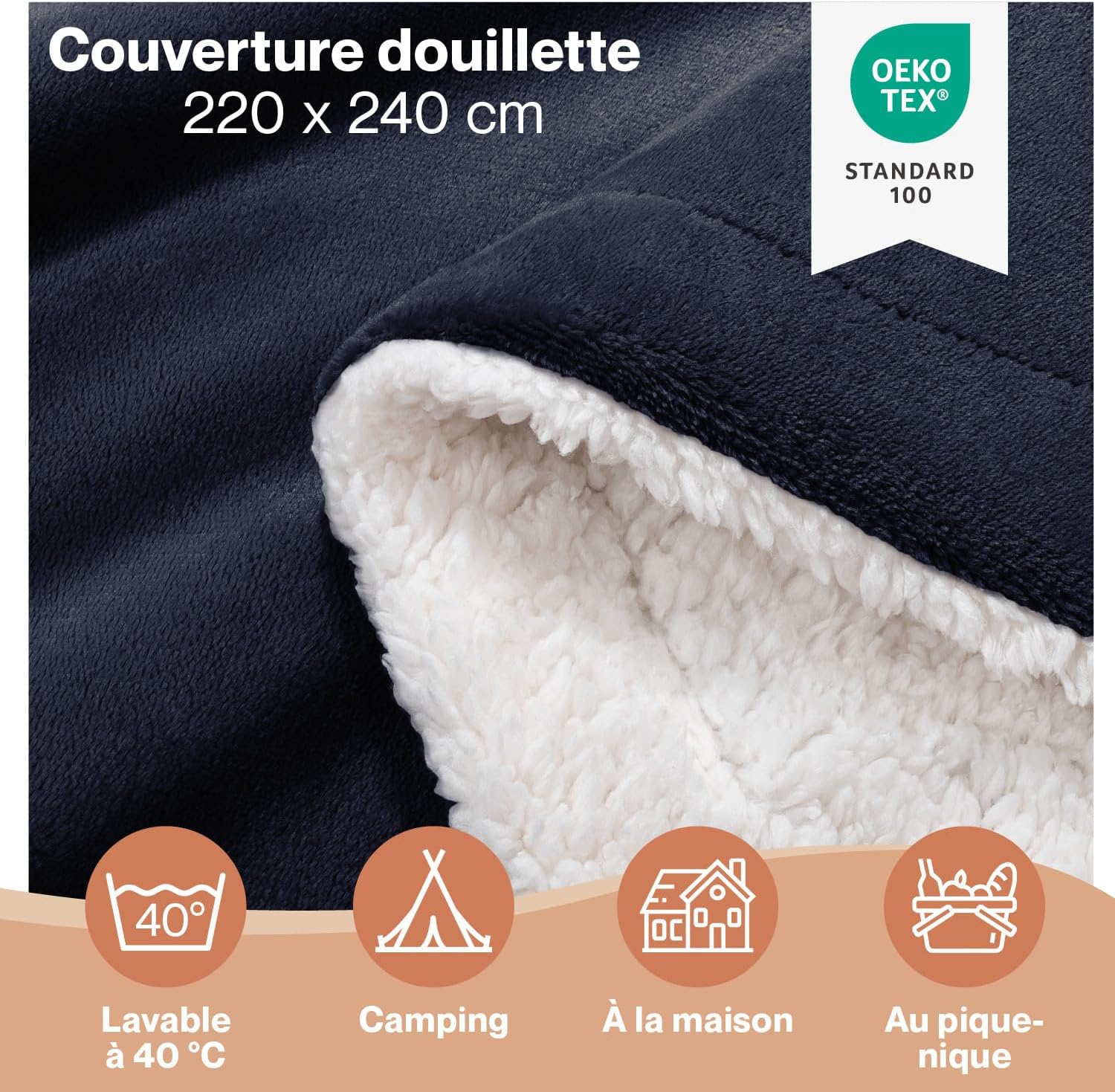 Thumbnail 1 de Blumtal Plaid Polaire 220 x 240 - Certifié OEKO-TEX, Sherpa, bleu foncé