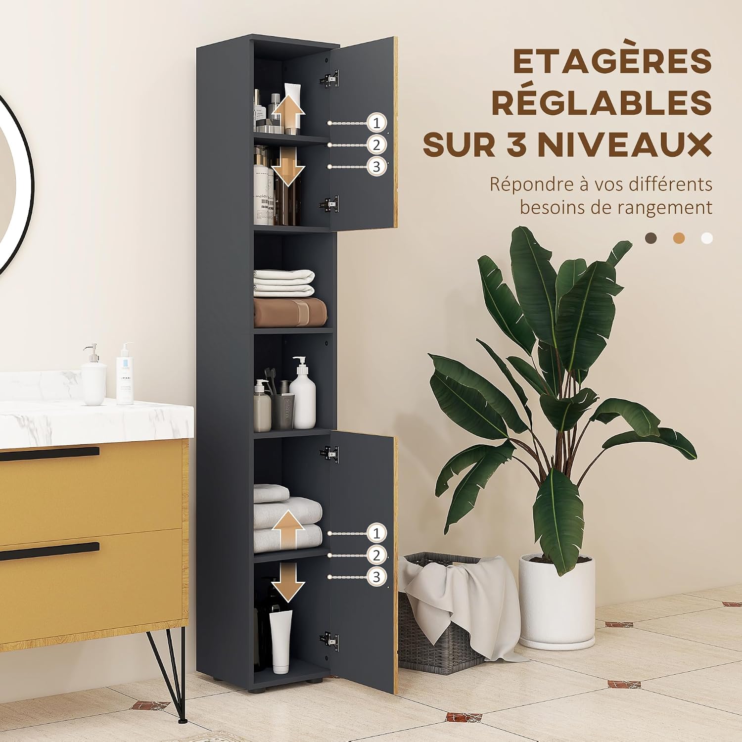 Thumbnail 4 de kleankin Colonne Armoire Salle de Bain 183 cm Gris foncé