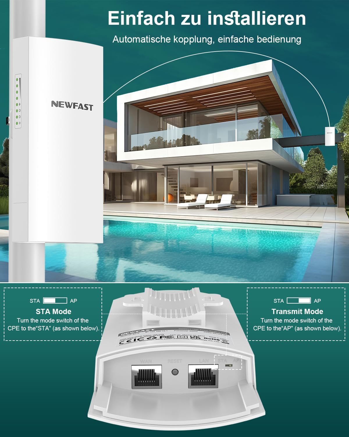 Thumbnail 3 de NEWFAST Outdoor CPE WLAN Access Point 300 Mbps mit 11 dBi Antenne, 5,8 GHz WLAN Bridge & AP Modus
