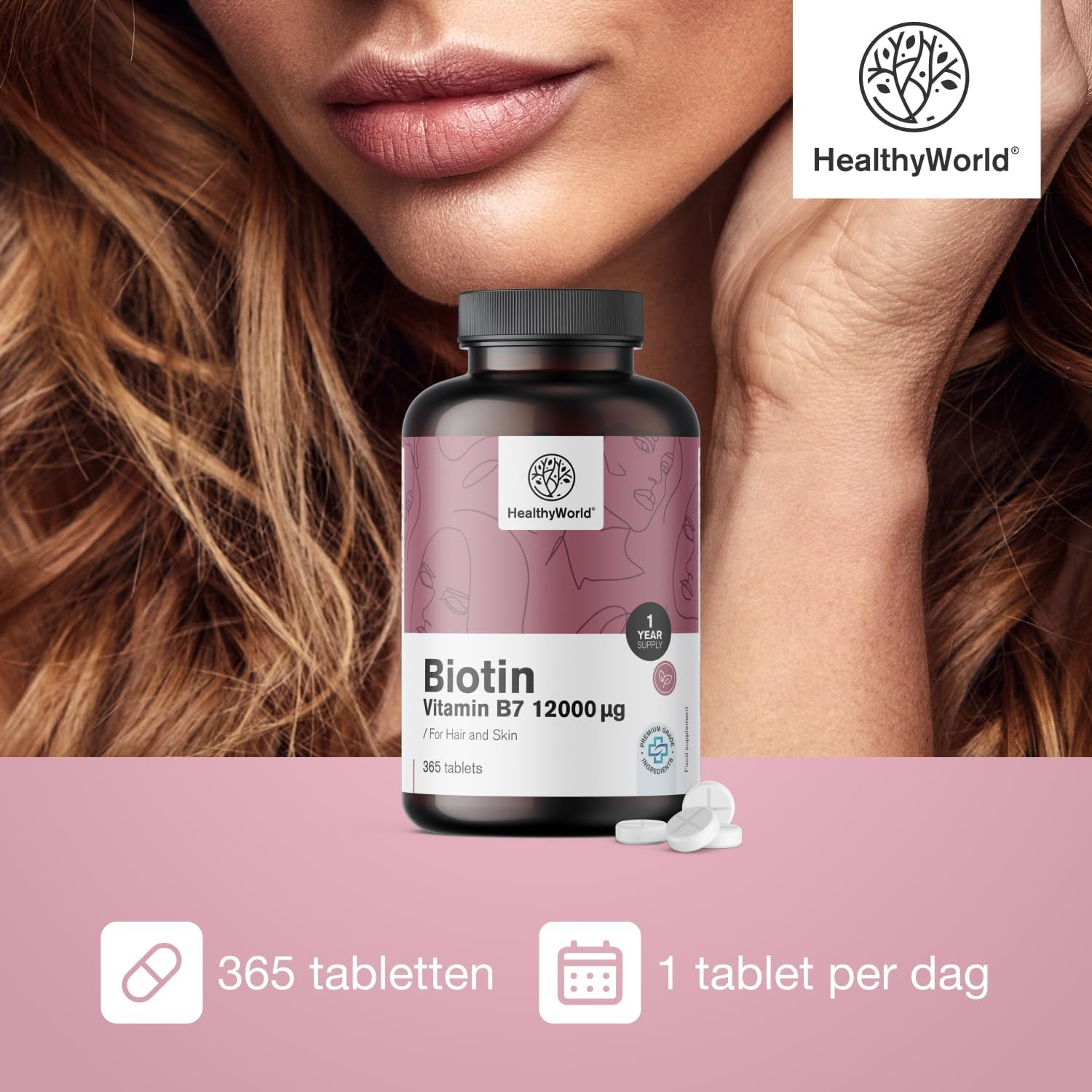Detalle de HealthyWorld Biotine 12.000 µg, 365 tabletten vitamine B7 voor haar, huid en nagels