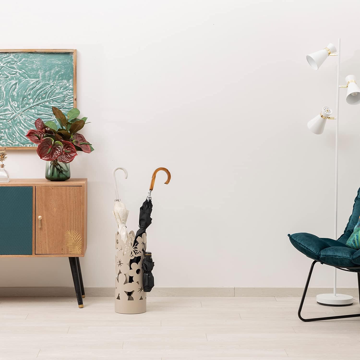 Detalle de Baroni Home Portaombrelli Design Moderno Flowers – 2 ganci, vaschetta rimovibile, 19x19x49 cm, Tortora