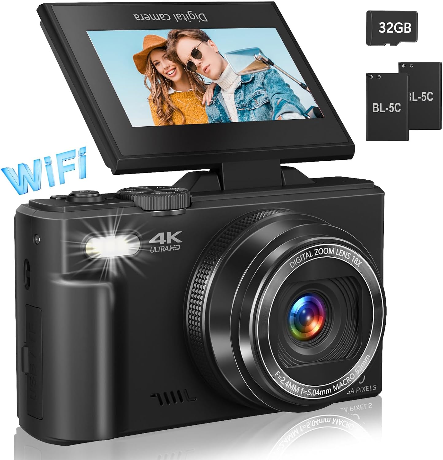 Detalle de Gavonde WD08 4K Digital Camera, 64MP, 180° Flip Screen, 18x Digital Zoom