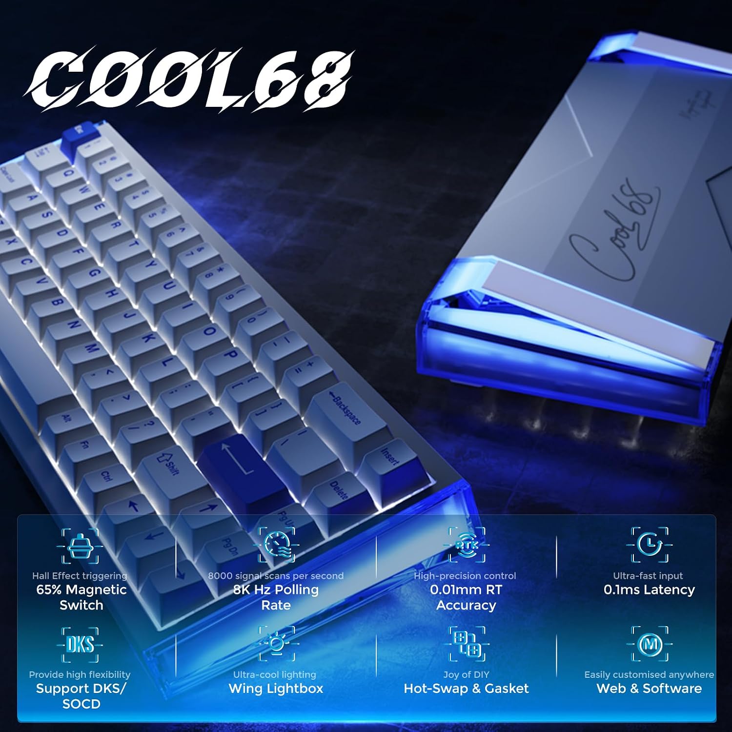 Detalle de DAREU COOL68: Tastiera da gioco cablata al 60% con interruttori magnetici e latenza ultra‑bassa