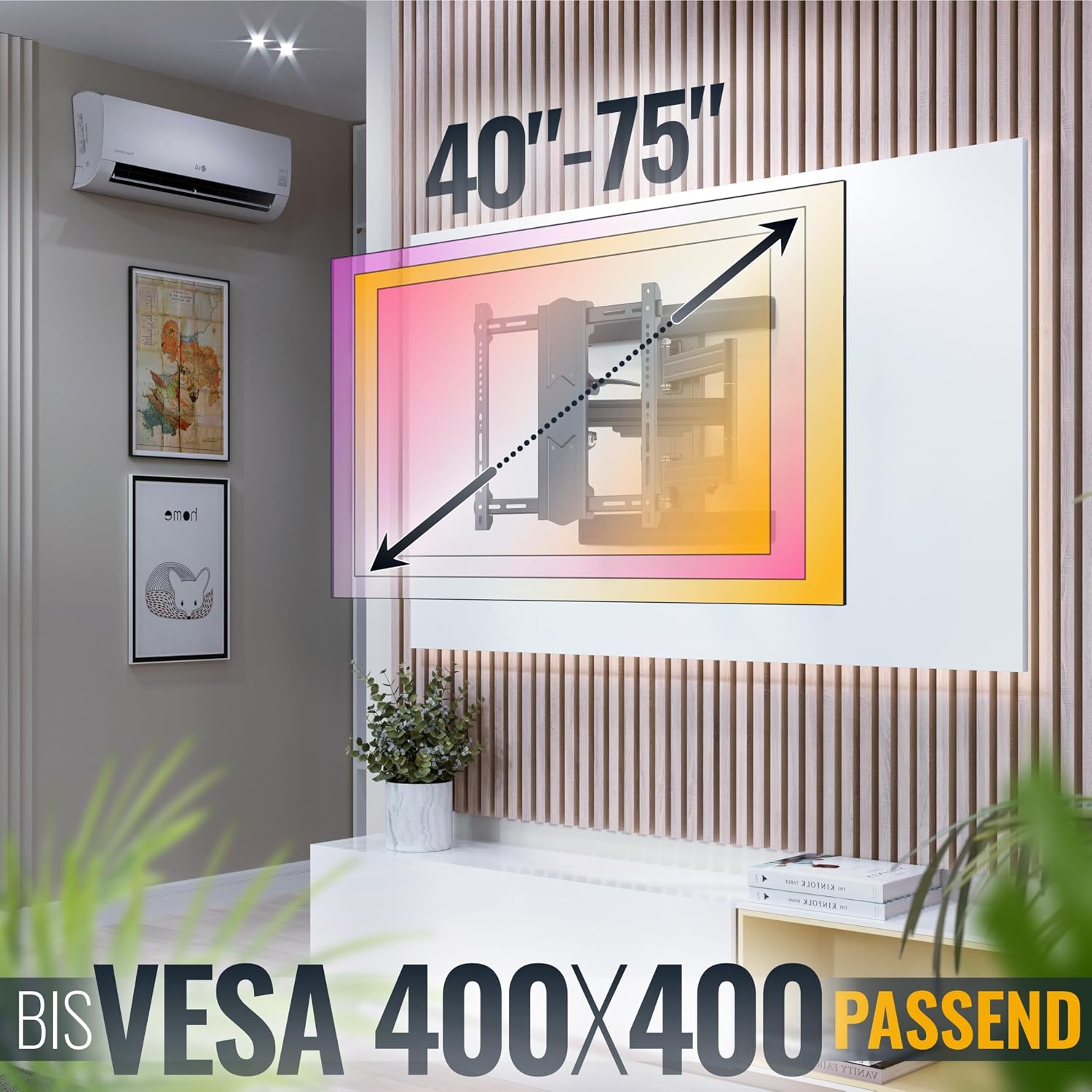 Detalle de RICOO TV Wandhalterung S5744-B – Schwenk- und Neigefunktion für 40–75 Zoll Fernseher, VESA 400x400